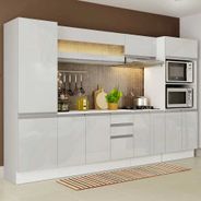 Cozinha Completa 100% MDF Madesa Smart 300 cm Modulada Com Armário, Balcão e Tampo Frentes Branco Brilho