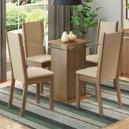 Conjunto Sala de Jantar Aline Madesa Mesa Tampo de Vidro com 4 Cadeiras Rustic/Crema/Pérola