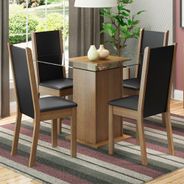 Conjunto Sala de Jantar Aline Madesa Mesa Tampo de Vidro com 4 Cadeiras Rustic/Preto