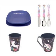 Conjunto pratos azul, talheres, copos e caneca - Unicornio