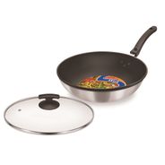 Wok antiaderente com cabo 30 cm  e tampa - escovado