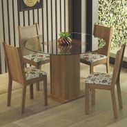 Conjunto Sala de Jantar Madesa Débora Mesa Tampo de Vidro Redondo 4 Cadeiras Rustic/Hibiscos