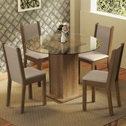 Conjunto Sala de Jantar Madesa Nanda Mesa Tampo de Vidro Redondo 4 Cadeiras Rustic/Crema/Bege