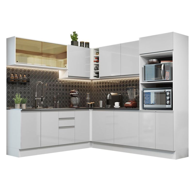 Cozinha Completa Madesa 100% MDF Acordes de Canto Portas Branco Brilho (Sem  Tampo e Pia)