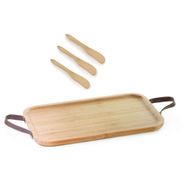 Bandeja de bambu com alça de couro  28cm e 3 espatulas